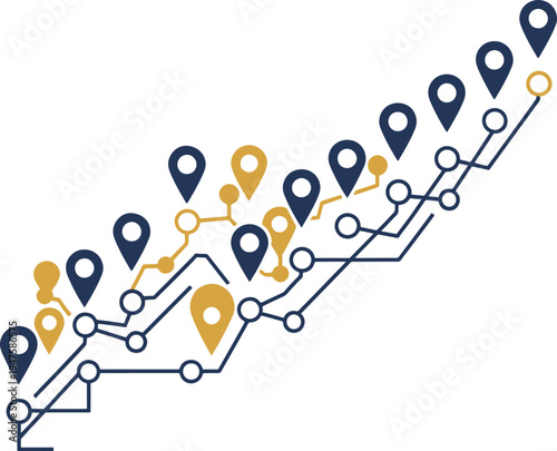 Network map of connected locations with pins on a digital growth chart background