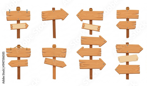 Empty wooden arrow signboards vector set with textured planks for outdoor navigation and game menus