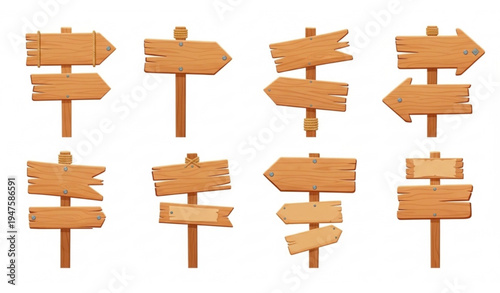 Rustic wooden direction boards and arrow signposts vector collection for game UI design