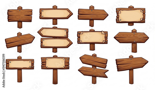 Wooden signpost arrows vector set with rustic wood planks and parchment boards isolated on white