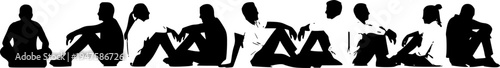 Diverse group of seated male and female silhouettes in various poses on white background people sitting