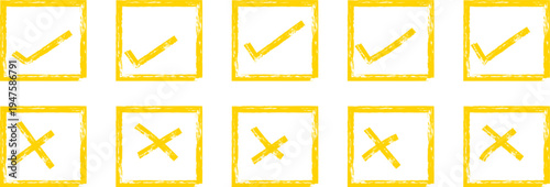 Hand Drawn Grunge Check Mark and Cross Sign Set Correct and Incorrect Symbols