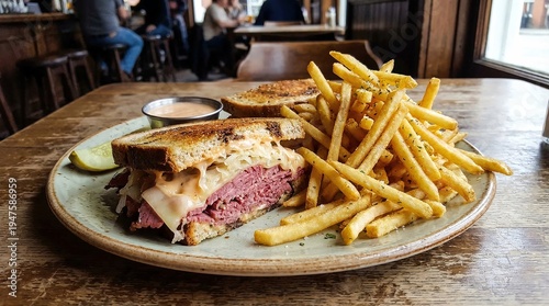 Classic Reuben sandwich featuring savory corned beef, Swiss cheese, and sauerkraut, served with golden crispy french fries and a pickle.