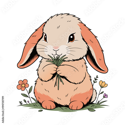 A cute cartoon rabbit sitting in a field of flowers holding a piece of grass