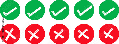 Hand Drawn Grunge Check Mark and Cross Sign Set Correct and Incorrect Symbols