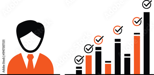 Professional businessman tracking performance growth with bar chart and check mark icons