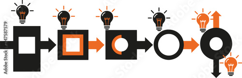 Creative idea generation process development success strategy visualization infographic black orange
