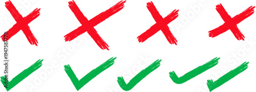 Hand Drawn Grunge Check Mark and Cross Sign Set Correct and Incorrect Symbols