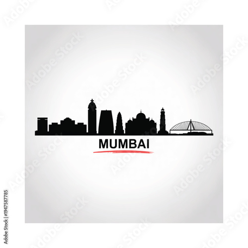 Mumbai skyline silhouette with city name in red lettering below