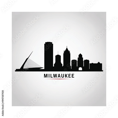 Milwaukee skyline silhouette against a light gray textured background