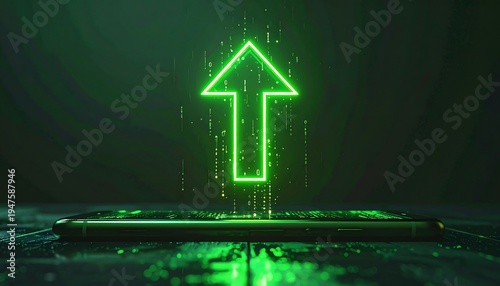 A green neon arrow ascends from a flat surface in darkness