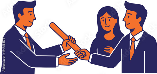 Business partners shaking hands passing baton symbolizing teamwork and handover
