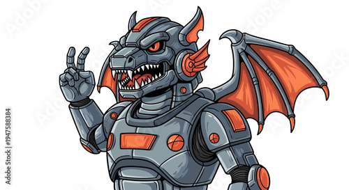 Robot Dragon Character with Peace Sign Hand Gesture.