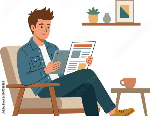 Man sits on chair reading newspaper in living room with coffee