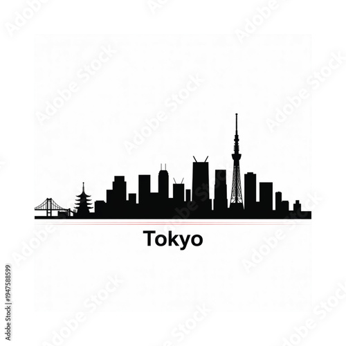 Black silhouette of the tokyo skyline with the city s name below