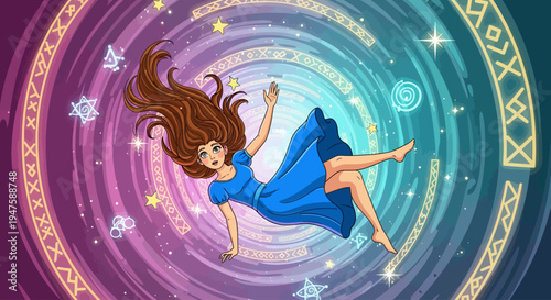 a cartoon girl floating in a magical swirling circle of purple and blue.