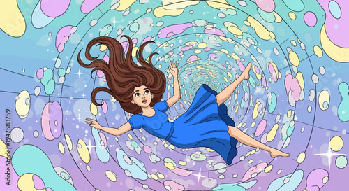 A cartoon girl floating in a colorful swirling tunnel of pastel hues and lights.