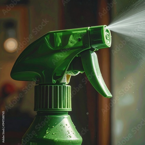 A green spray bottle nozzle spraying liquid