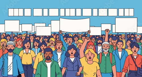 Diverse crowd of people protesting together.