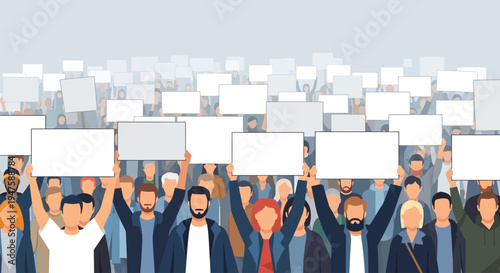 Diverse crowd holding blank protest signs.