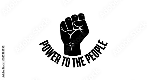 Black raised fist with power to the people text.