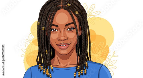 Illustration of a smiling young African American woman with dreadlocks.