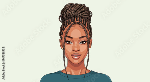 Illustration of a smiling young woman with braided hair.