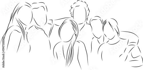 A minimalist line drawing of a group of people standing together in a loose formation