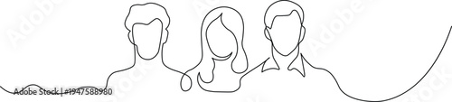 A minimalist line drawing of three people connected by a continuous line on a white background