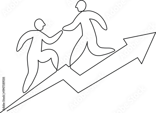 Two people helping each other climb up an arrow pointing upwards, symbolizing teamwork and success