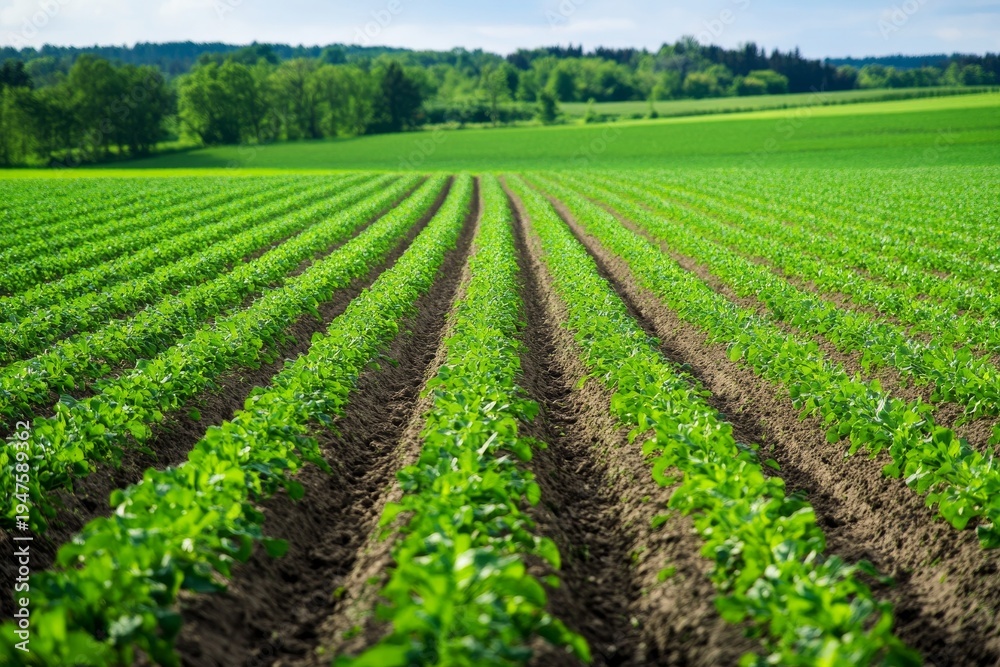 Obraz premium Crops growing in neat rows on a farm with a green landscape and trees in the distance under a clear sky