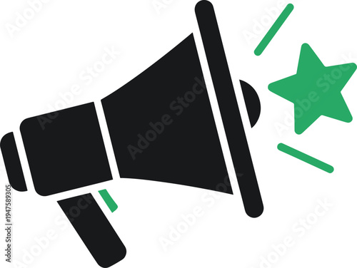 Black megaphone icon with green star and spark lines for marketing announcement messages