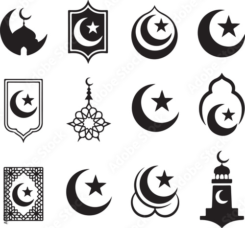 Islamic crescent moon and star symbols in black silhouette on transparent background
