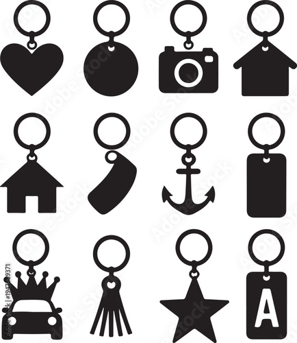 Variety of black keychain charms and tags in silhouette on transparent background