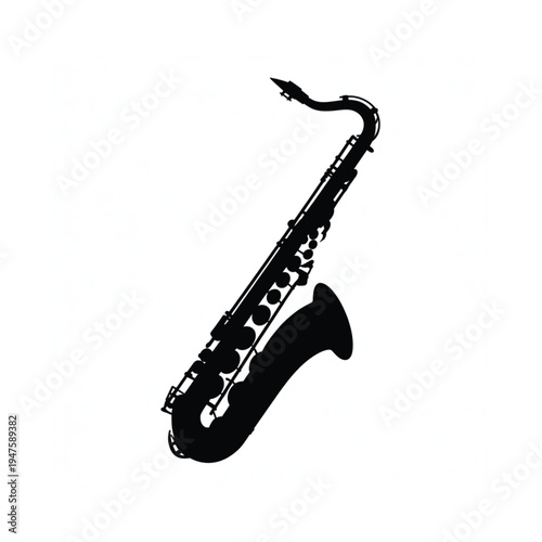 A black silhouette of a tenor saxophone against a white background