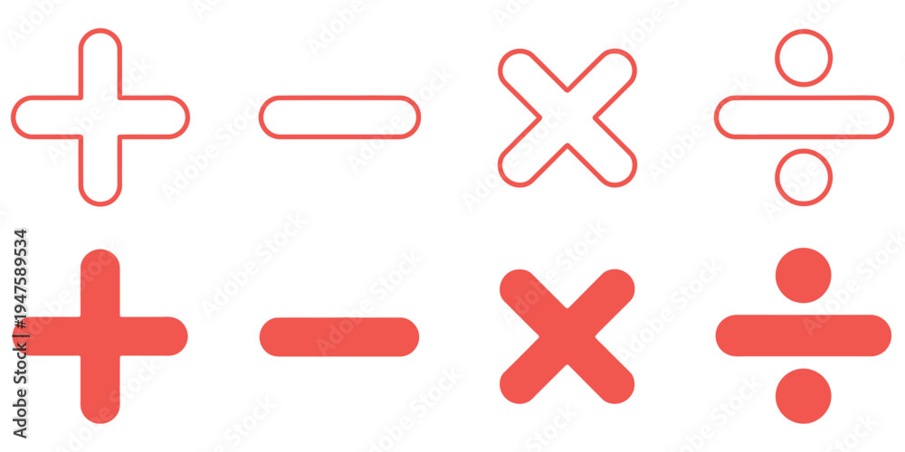 Obraz premium Basic Mathematical Symbol Icon Set, Vector Collection Featuring Plus, Minus, Multiply, and Division Signs with Calculator Icons for Applications, Websites, and Educational Design Projects.