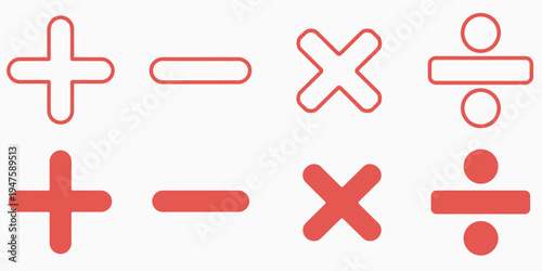 Basic Math Symbols Vector Icons, Including Plus, Minus, Multiplication, and Division Signs with Calculator Elements for Educational Tools, Apps, Websites, and Digital Interfaces.