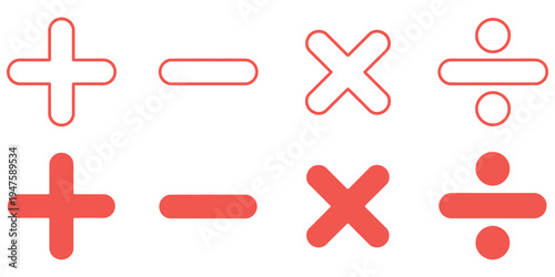 Basic Mathematical Symbol Icon Set, Vector Collection Featuring Plus, Minus, Multiply, and Division Signs with Calculator Icons for Applications, Websites, and Educational Design Projects.