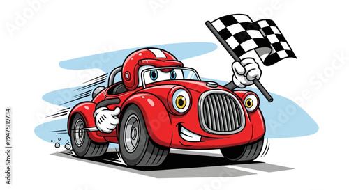 Vintage Red Cartoon Car with Checkered Flag.