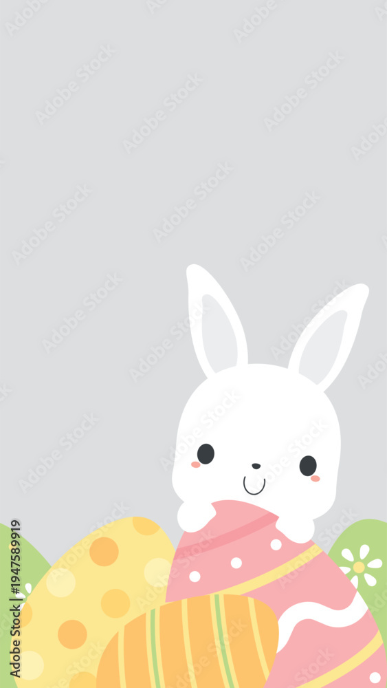 Fototapeta premium Cute white bunny rabbit on pastel Easter eggs seamless border, vertical background. Flat design illustration.