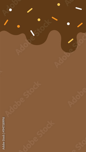 Chocolate sauce with colorful sprinkles as ice cream toppings, seamless upper border pattern vertical background. Flat design illustration.