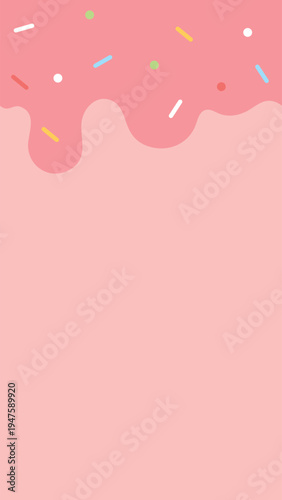 Strawberry sauce with colorful sprinkles as ice cream toppings, seamless upper border pattern vertical background. Flat design illustration.