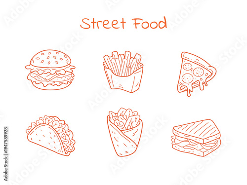 Street Food Doodle Icon Set with Burger, Fries, Pizza, Taco, Wrap and Sandwich Line Illustration.eps