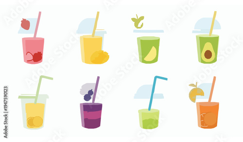 Colorful fruit smoothie drinks in transparent plastic cups summer beverage vector icon set