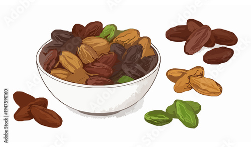 Hand drawn assorted raisins in bowl with dark golden and green dried grapes vector illustration isolated