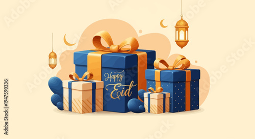 Wrapped presents with gold ribbon.