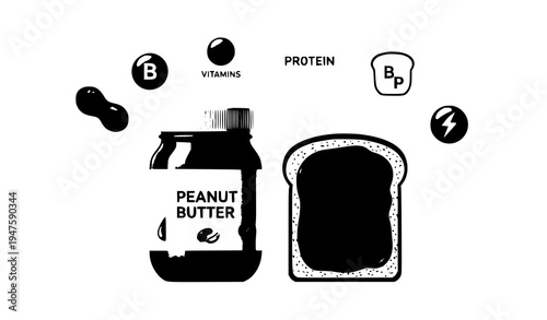 Peanut butter jar with toast and nutrition benefits infographic vector illustration isolated on white