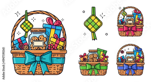 Colorful Easter gift baskets with bows.