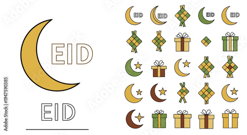 Eid Mubarak Crescent Moon Symbols.