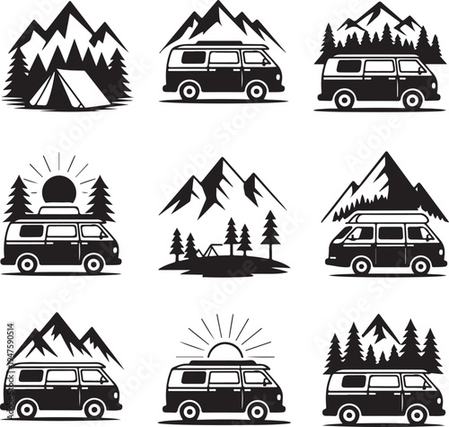 Vintage camper vans with mountain and forest scenery representing road trip travel and outdoor lifestyle moments